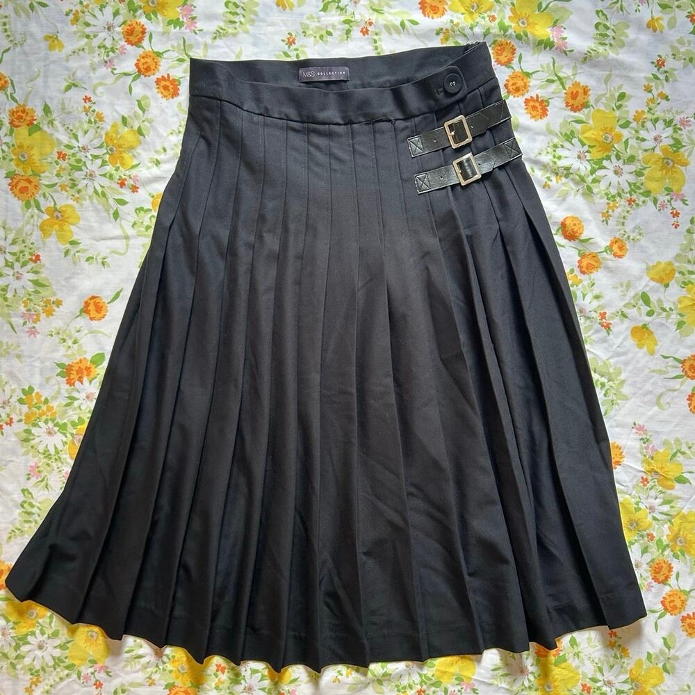 M&S black pleated midi skirt with silver buckle details